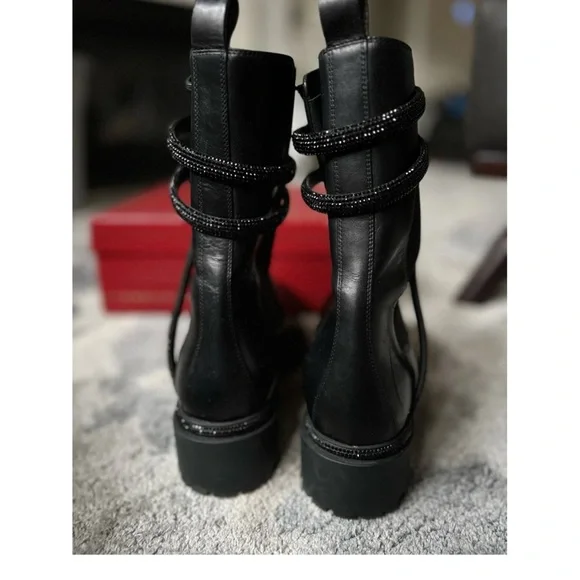 Rene Caovilla Black Leather Ankle Boots with crystal snake detail